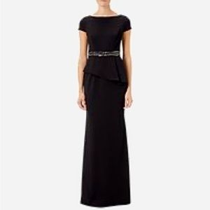 Adrianna Papell Full Length Cap Sleeve Black Gown with Rhinestone Belt, size 4